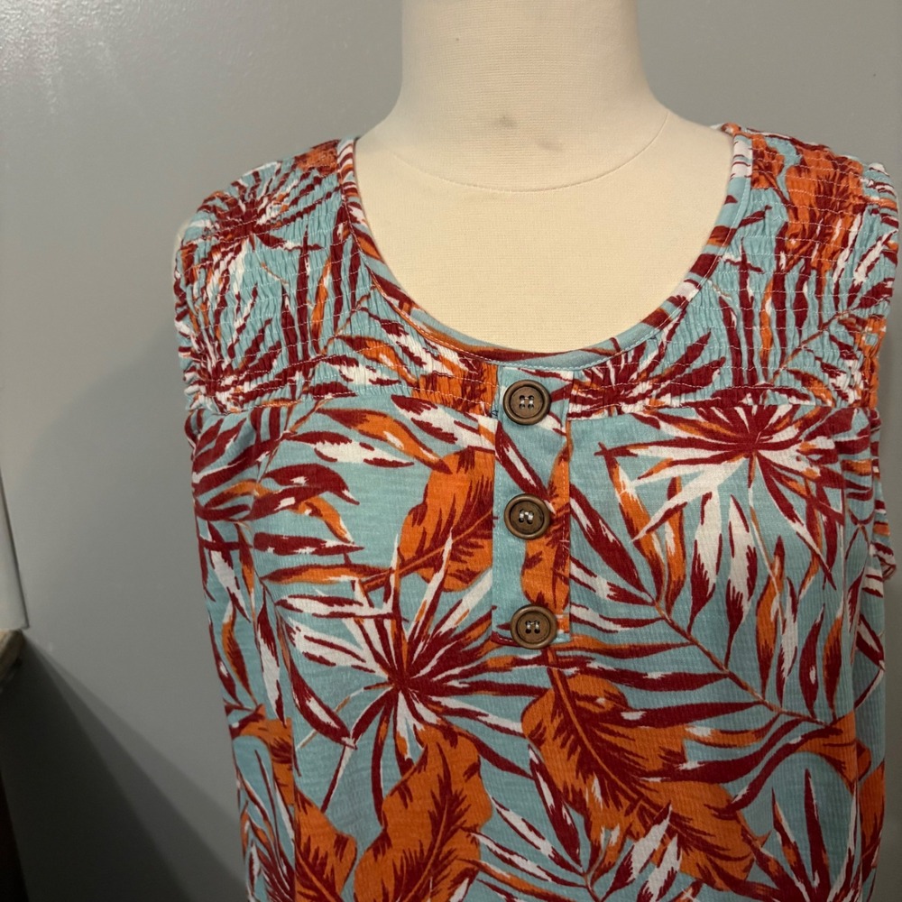 French Laundry Blue Orange Red Tropical Leaf Henley Tank Top (Women's 1X)‎